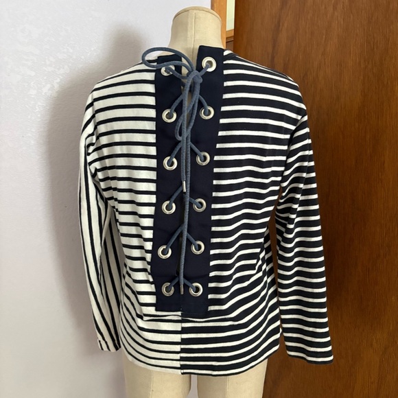 SACAI sz 2 M Striped Long Sleeve Tshirt Lace Back Navy Blue White - Picture 8 of 9